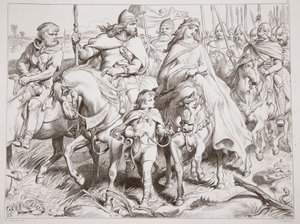 Hereward bevogter Alftruda til et sikkert sted, illustration fra Hereward den Store af Charles Kingsley, pub. 1870, graveret af C.G. Lewis (stålpladegravering) af Henry Courtney Selous