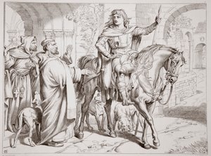 Hereward informerer sin onkel Prior om, at han er ved at blive forbudt, illustration fra Hereward den Store af Charles Kingsley, pub. 1870, graveret af C.G. Lewis (stålpladegravering) af Henry Courtney Selous