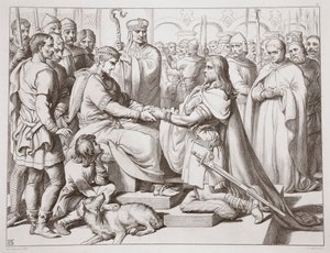 Hvordan Hereward kom ind til kongen, illustration fra Hereward den Store af Charles Kingsley, udgivet af Charles Kingsley. 1870, graveret af C.G. Lewis (stålpladestik) af Henry Courtney Selous