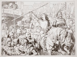 How Hereward turned Berserker, illustration fra Hereward the Great af Charles Kingsley, pub. 1870, graveret af C.G. Lewis (stålpladegravering) af Henry Courtney Selous