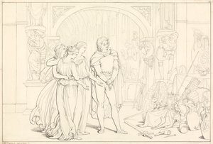 Illustration til Pilgrims Fremgang, 10. (Pilgrimen i våbenhuset) af Henry Courtney Selous