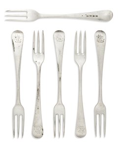 Sæt med George III koloniale gammelengelsk mønster dessertgafler, Gibraltar, ca. 1790 (sølv) af Henry Cowper