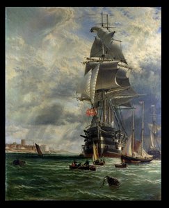 H.M.S. St. Vincent ved sin fortøjning ud for indsejlingen til Haslar Creek, Portsmouth, 1868 af Henry Dawson