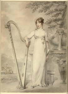 Portræt i fuld længde af "Miss V. Dupuis", der hviler sin arm på en harpe. I baggrunden et springvand og et landskab med hjorte