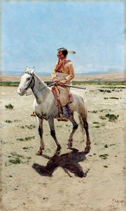 Cheyenne-spejder. En indianer til hest med et gevær. Maleri af Henry Francois Farny (1847-1916)