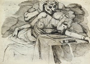En kvinde, der falder i svime ved et skrivebord, med en truende skikkelse bagved af Johann Heinrich Füssli
