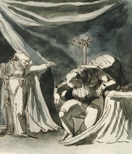 En gammel kvinde iført en rosenkrans, der forbander en siddende mand; Måske dronning Margaret forbander hertugen af Gloucester, af Johann Heinrich Füssli