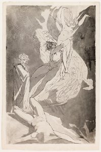 Dante falder i svime foran Paolos og Francescas svævende sjæle, Virgil ved hans side af Johann Heinrich Füssli