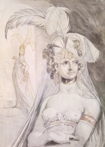 Halvfigur af en kurtisane med fjer, en sløjfe og et slør i håret, 1800-10 (blyant, wc og blæk på papir) af Johann Heinrich Füssli