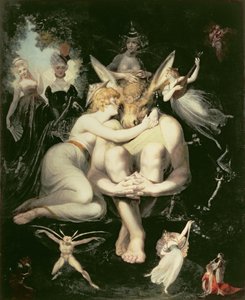 Titania vågner, omgivet af ledsagende feer, klamrer sig henrykt til bunden, stadig iført røvhovedet, 1793-4 af Johann Heinrich Füssli