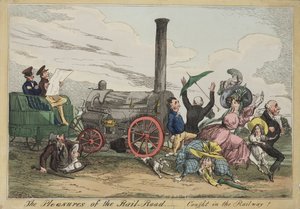 The Pleasures of the Rail Road - Catught in the Railway!, ca. 1840 (håndfarvet radering)