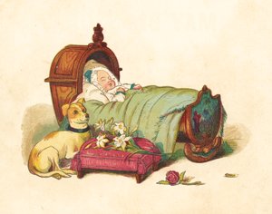 Prinsesse Victoria sover i sin vugge (farve litografi)