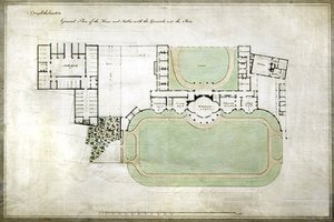 Brighthelmstone, eller Brighton Pavilion - generel plan over hus og stalde med grund, der viser tilbygning af arkitekt Henry Holland (1745-1806), ca. 1801 (akvarel på papir) af Henry Holland