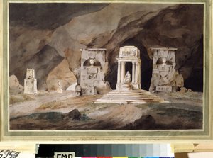 ""En kirkegård"" (Gamle kirkegård) Teaterindretning tegnet i akvarel af Henry Hudfield (1700-tallet) 1790 Museum Palace Theatre Ostankino, Moskva af Henry Hudfield