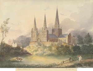 Lichfield Cathedral - West View: vandfarvemaleri, 1844