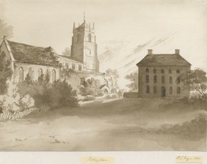 Pattingham Church and Vicarage House: sepia vask tegning, 1844 af Henry James Noyes