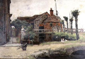 En tjenestepige ved en dam i en landsby af Henry John Yeend King