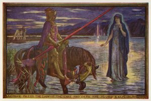 Arthur møder Lady of the Lake og får Sword Excalibur (farve litho) af Henry Justice Ford