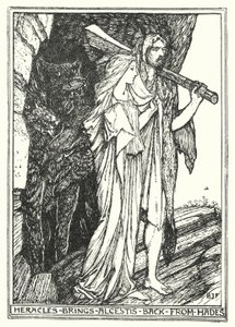 Heracles bringer Alcestis tilbage fra Hades (litho) af Henry Justice Ford