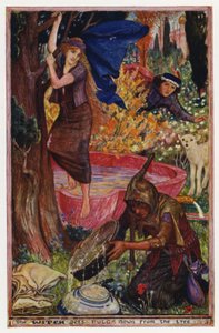 Hvordan en dreng bliver et lam: heksen får Pulga ned fra træet (farve litho) af Henry Justice Ford
