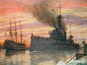 I Portsmouth havn i 1909, "Dreadnought" og "Victory" (farvelitografi)