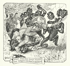 Janni og hans hunde bekæmper den trehovedede draken (gravering) af Henry Justice Ford