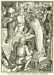 Magna Carta. Kong John underskriver det store charter (gravering) af Henry Justice Ford