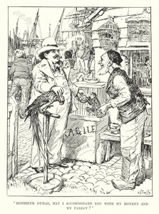 "Monsieur Dumas, må jeg indlogere Dem med min abe og min papegøje" (kobberstik) af Henry Justice Ford