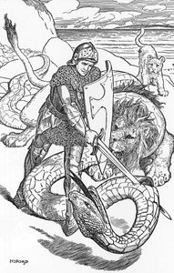 Percival fightint the slang Illustration af HJ Ford (1860-1940) fra "The book of romance" 1902 Privat samling af Henry Justice Ford