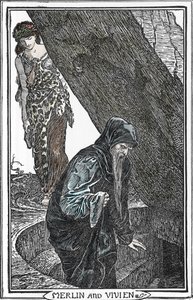Repræsentation af Merlin the Enchanter og Fee Viviane (Merlin anc Vivien) Illustration af Henry Justice (HJ) Ford (1860-1941) fra "The book of romance"" 1902 Collection privee af Henry Justice Ford