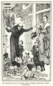 Den hellige Francis Xavier lærer de japanske børn deres katekismus (litho) af Henry Justice Ford
