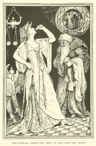 Prinsessen drikker hylsteret for at tage hornene væk (gravering) af Henry Justice Ford