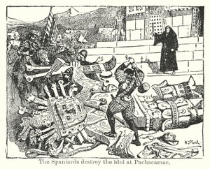 Spanierne ødelægger afgudsbilledet ved Pachacamac (litho) af Henry Justice Ford