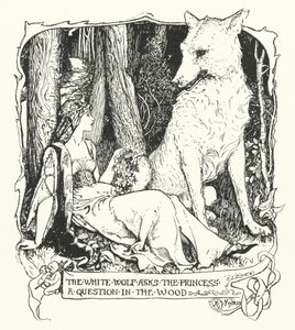 Den hvide ulv stiller prinsessen et spørgsmål i skoven (gravering) af Henry Justice Ford