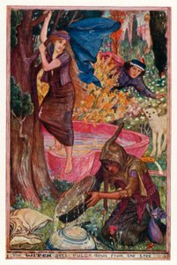 Heksen får Pulga ned fra træet (farve litho) af Henry Justice Ford