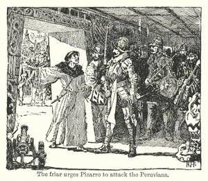 Munken opfordrer Pizarro til at angribe peruvianerne (litografi) af Henry Justice Ford