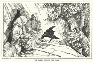 Ravnen bringer brødet (litho) af Henry Justice Ford