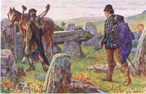 Tresilian konfronterer den mystiske beslagsmed, illustration fra Kenilworth, ca. 1910 af Henry Justice Ford
