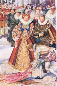 Walter Raleigh ofrer sin kappe for dronning Elizabeth, illustration fra Kenilworth, ca. 1910 af Henry Justice Ford