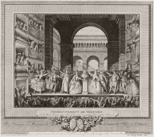 Kroning af Voltaire i Théatre Francais, 30. marts 1778, efter den sjette opførelse af Irene, 1782 (ætsning og gravering)
