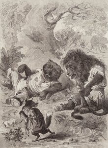 Æsops fabler: Løven, bjørnen og ræven (litho)