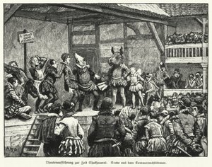 Opførelse af William Shakespeares skuespil En skærsommernatsdrøm i dramatikerens levetid (litho)