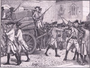 Tropper eskorterer det stemplede papir til Rådhuset, New York AD 1765