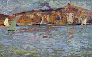 Havnen i Marseille, den gamle havn og den "gode mor" (Cathedrale Notre Dame de la Garde (Notre-Dame-de-la-Garde). Maleri af Henri Martin (1835-1908). Olie på lærred. Mål: 38x61cm Obligatorisk omtale: Regards de Provence foundation collection, Marseille