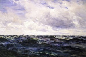 "Havbillede med et bådskilt til venstre og en kutter midt i en kapsejlads til højre, begge afbildet på meget stor afstand. af Henry Moore