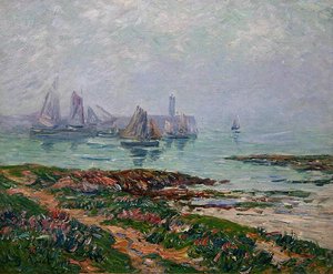 Kystscene med fiskerbåde af Henry Moret