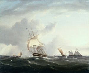 En fregat, en hjuldamper og hollandsk småfartøj i Downs (olie)