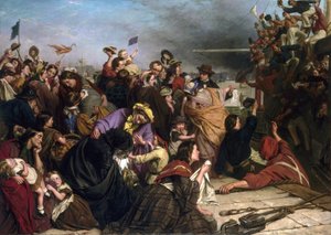 Afsked med immigranter, på en kaj i Themsen (England), beskrivelse af grupper af mennesker i alle aldre og sociale klasser, samt sømændene i røde og blå skjorter på båden, der vinker til mængden af Henry Nelson O
