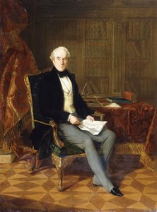 Portræt af Henry Pelham-Clinton, K.G., 4. hertug af Newcastle, holder et dokument, i sit studie, 1850