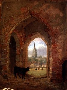 Udsigt gennem buegangen til Cow Tower, Norwich (olie på panel) af Henry Ninham